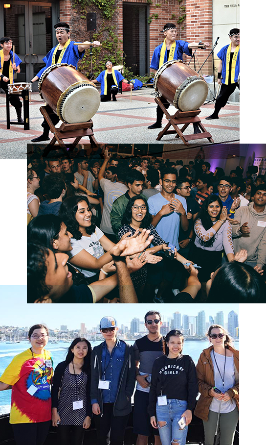 A collage of three photos, depicting international students playing drums at a talent show, students dancing together, and students posing for a photo on a trip abroad