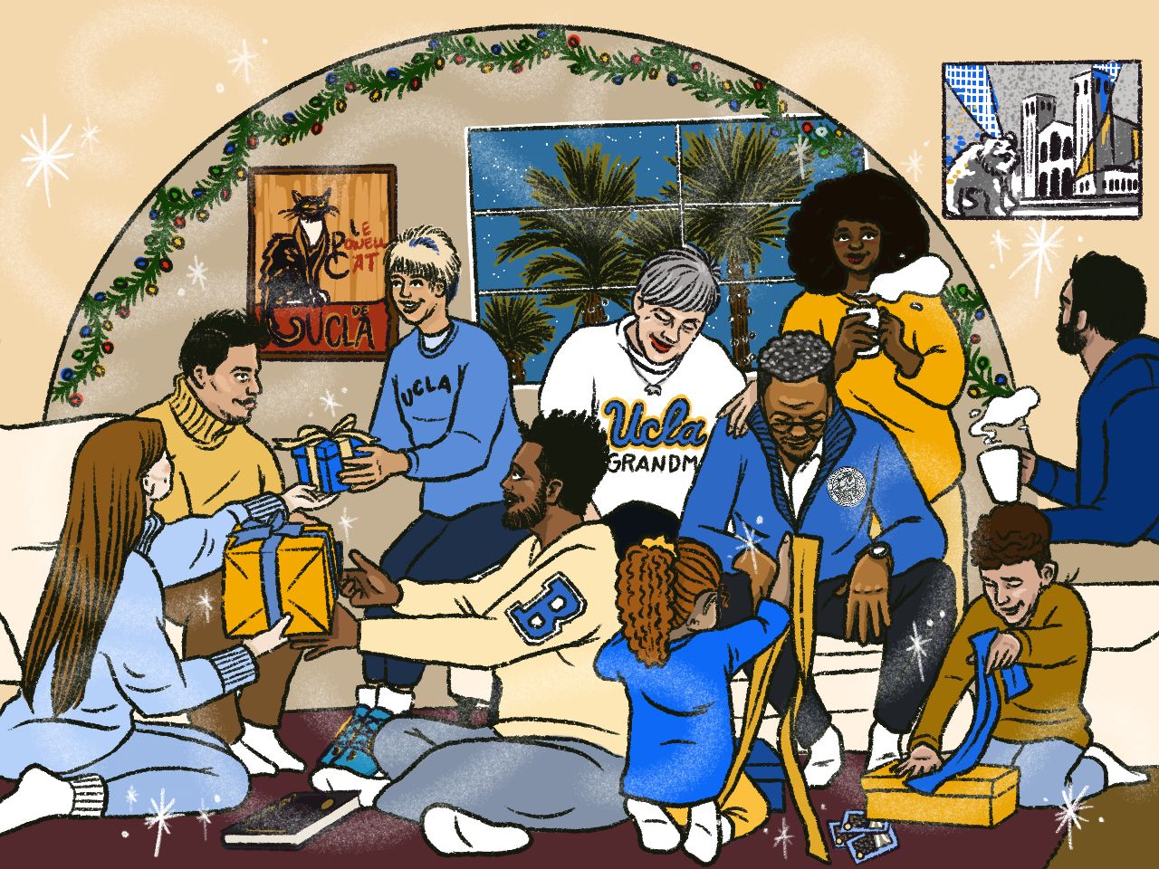 Festive cartoon illustration of people wearing UCLA attire and enjoying time together opening gifts, embodying the joy of the season