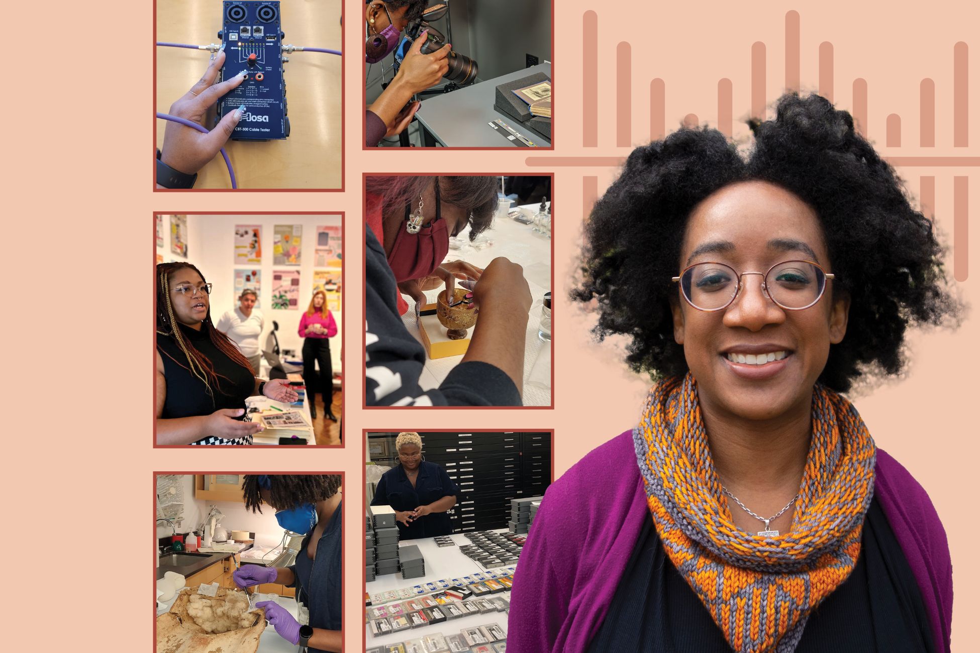 A woman smiling with a collection of images around her of Black Art Conservators at work