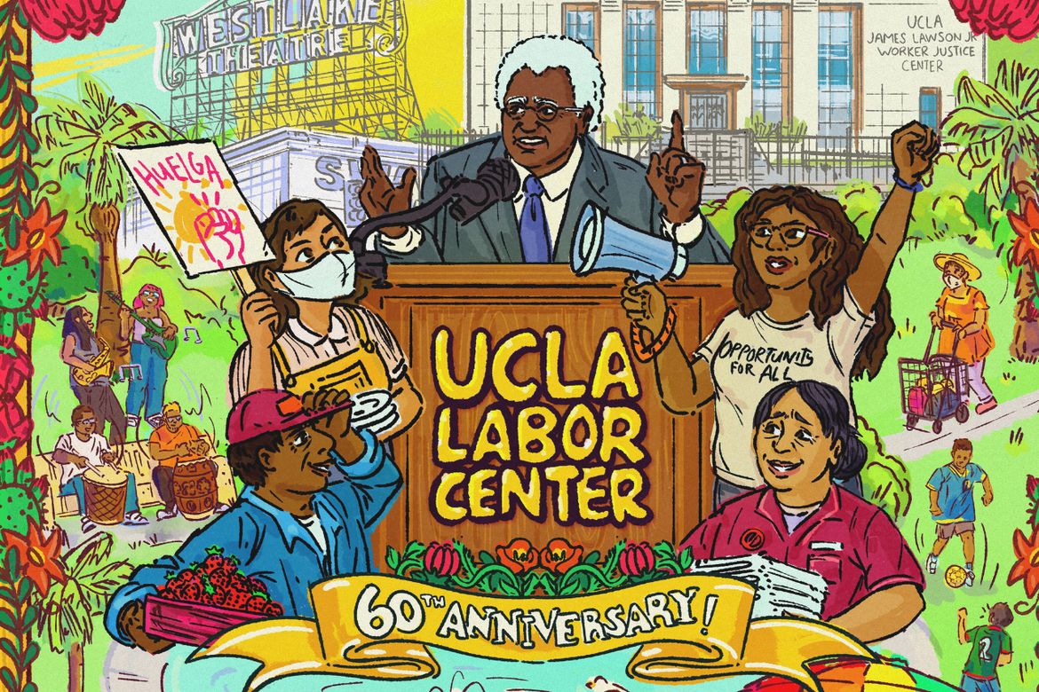 Illustration of the Rev. James Lawson speaking in front of the UCLA Labor Center’s office, located in L.A.’s dynamic, mostly immigrant Pico-Union neighborhood, which overlooks MacArthur Park