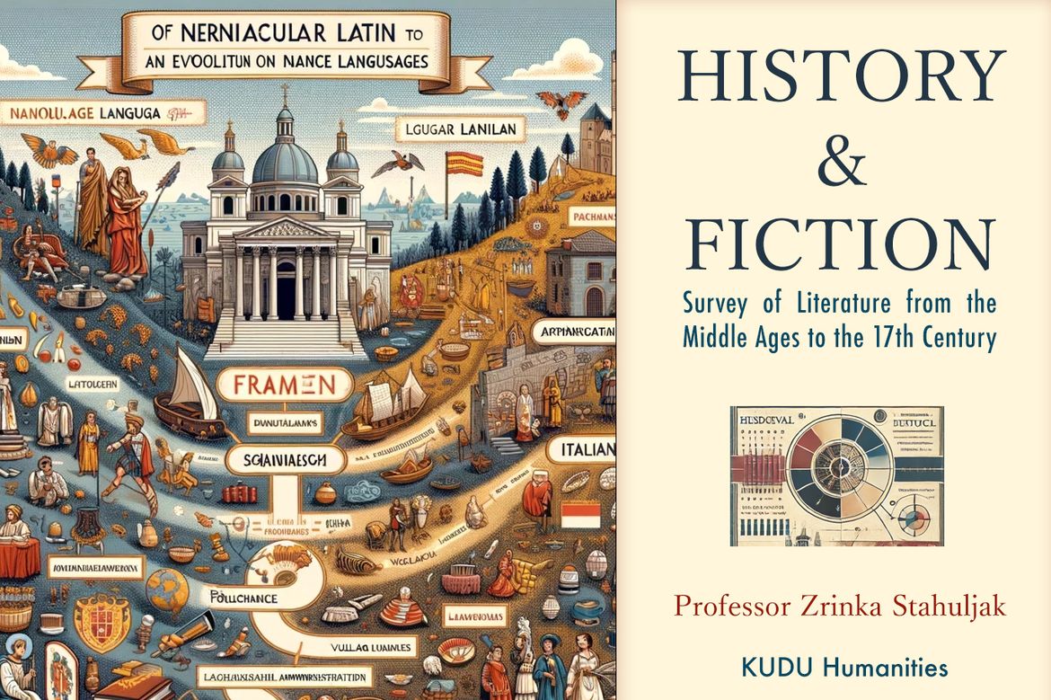 An AI-generated graphic representing material in Zrinka Stahuljak’s course, and the cover for the digital textbook titled “History & Fiction: Survey of Literature from the Middle Ages to the 17th Century”