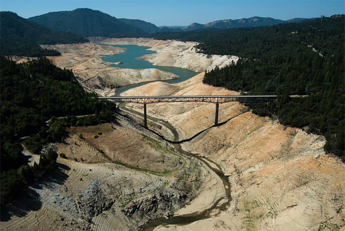 Bridge over a dried-up lake in the mountains of the American West