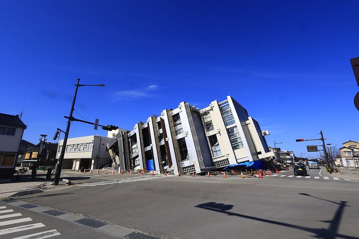 A collapsed building in Wajima City, Japan, following the Noto earthquake