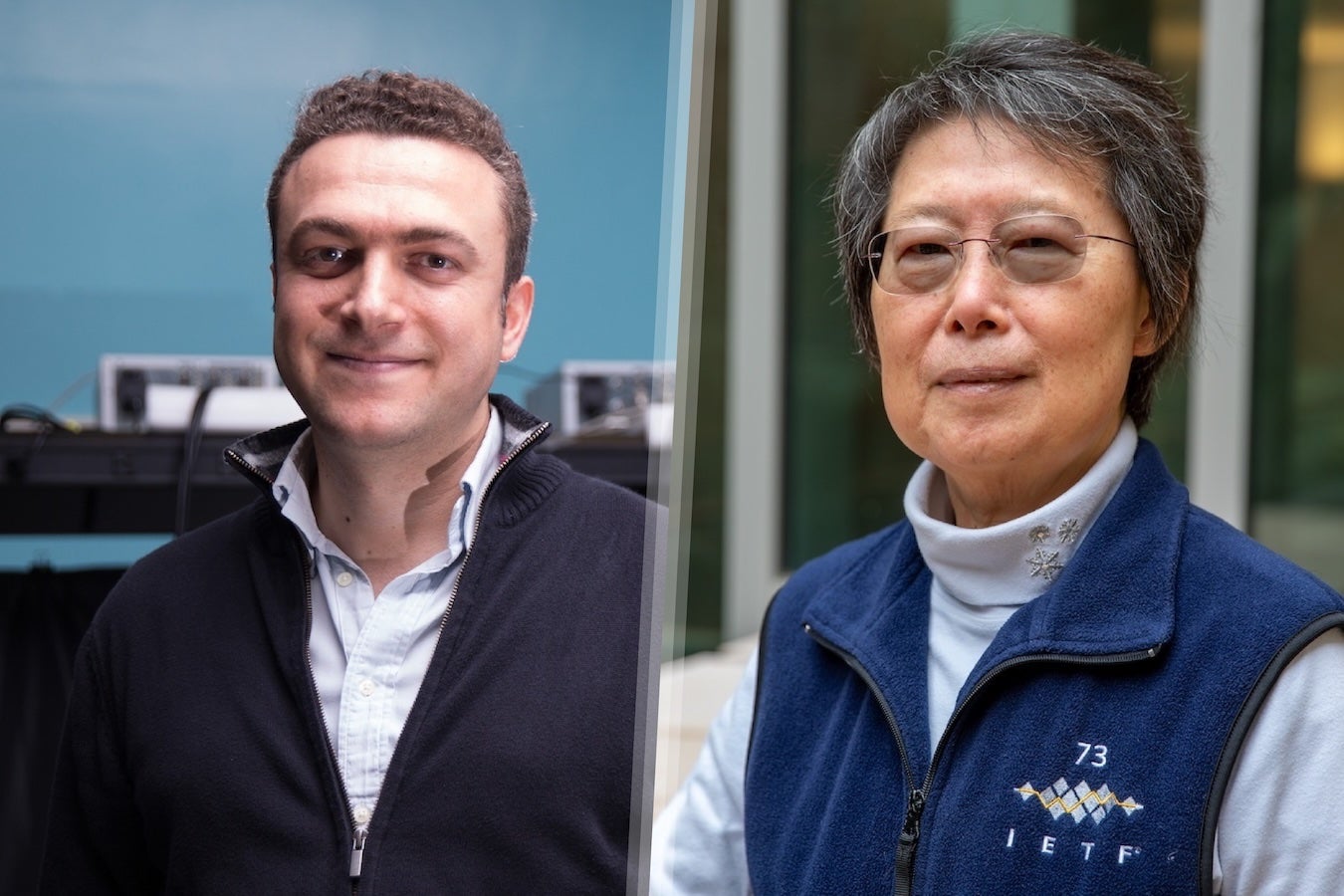 Split-screen image featuring Electrical and computer engineering professor Aydogan Ozcan (left) and distinguished professor of computer science Lixia Zhang