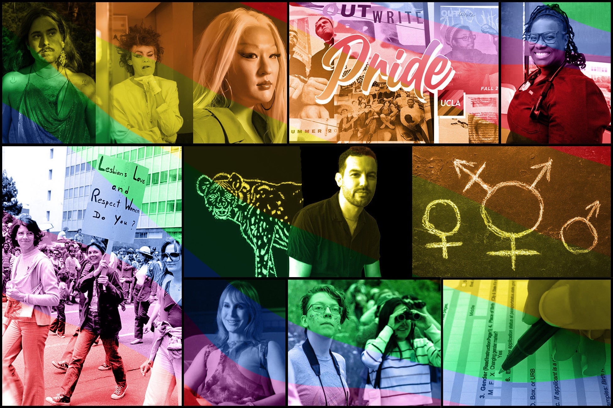 Collage of a diverse group of people with a rainbow overlay. 