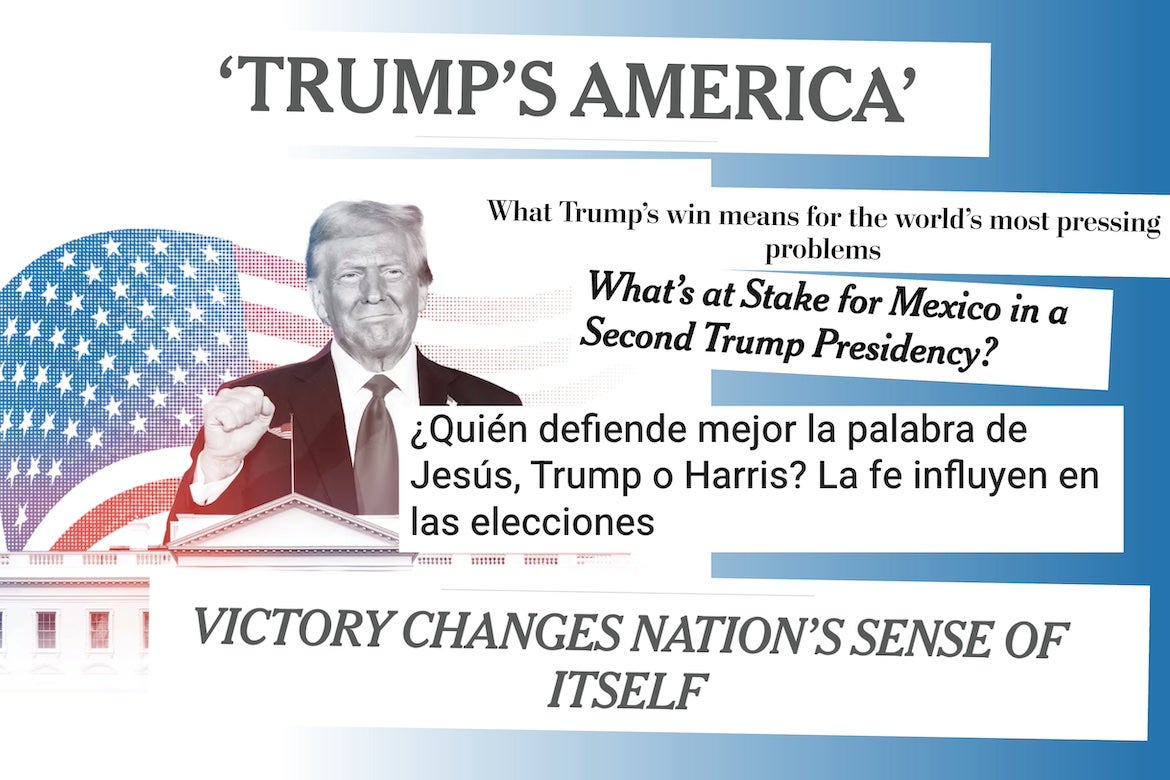 Collage image featuring picture of Donald Trump with American flag in background, plus various media headlines