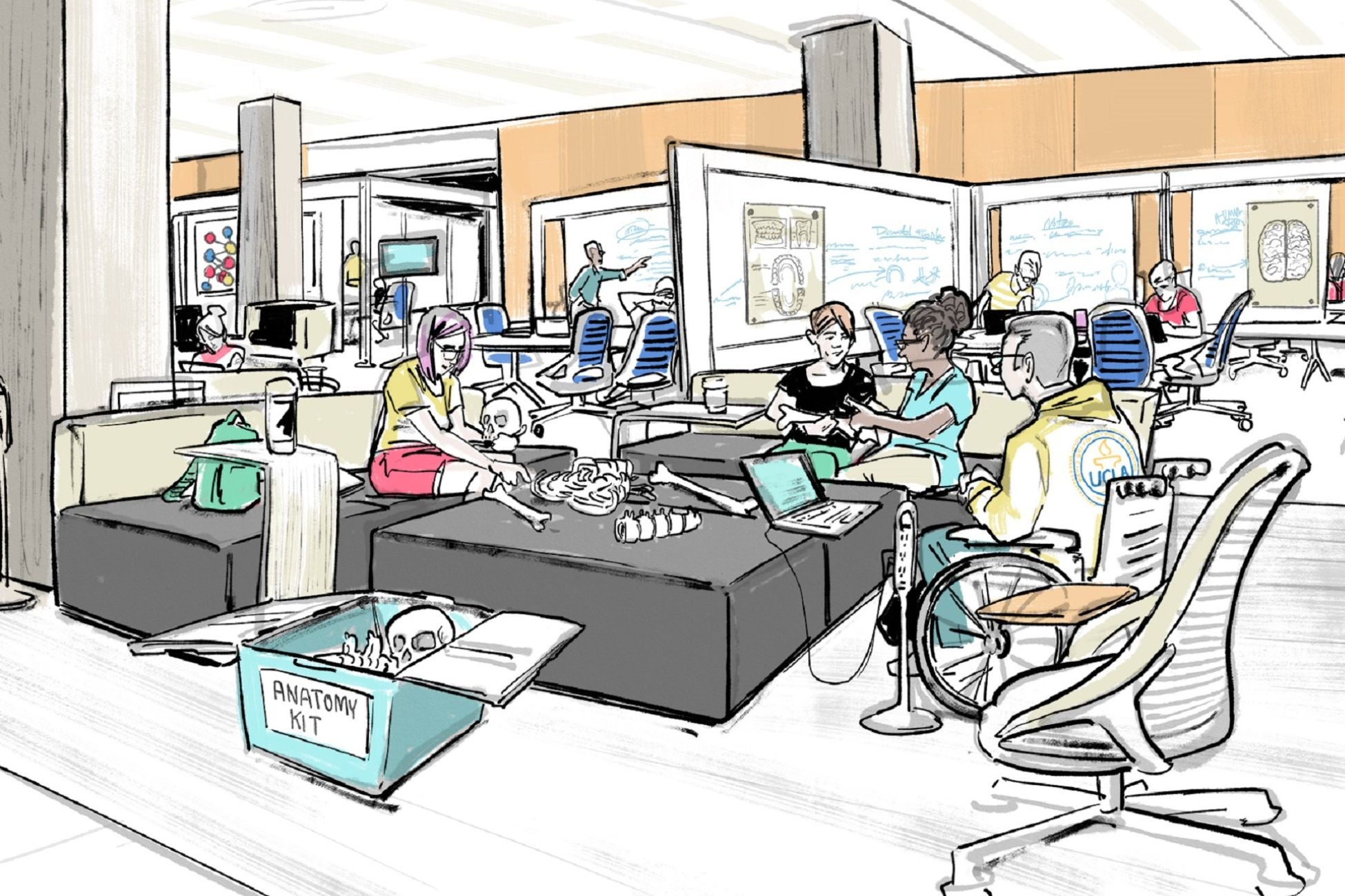 Illustration of abled and disabled people researching at tables with computers; one with anatomy kit 