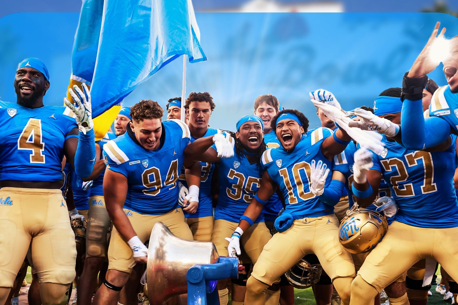 Image of a team of football athletes celebrating after a win.