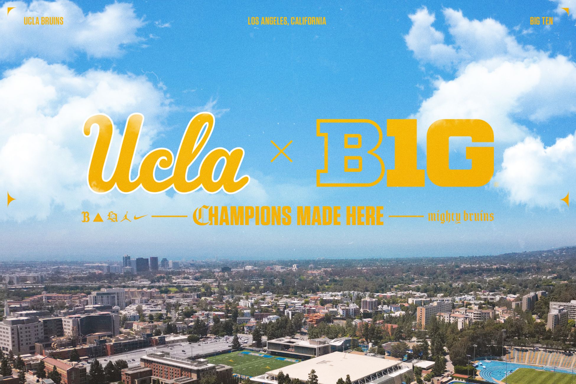 Panoramic view of campus and Los Angeles with UCLA and Big Ten logos in yellow against blue sky