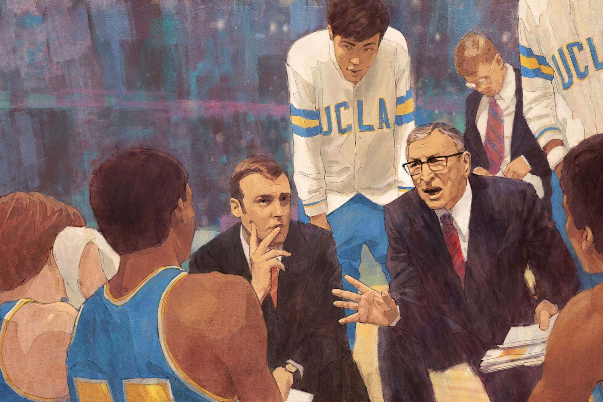 A watercolor illustration of a male coach dressed in a suit and glasses talking to a group of young men dressed in UCLA basketball attire. 