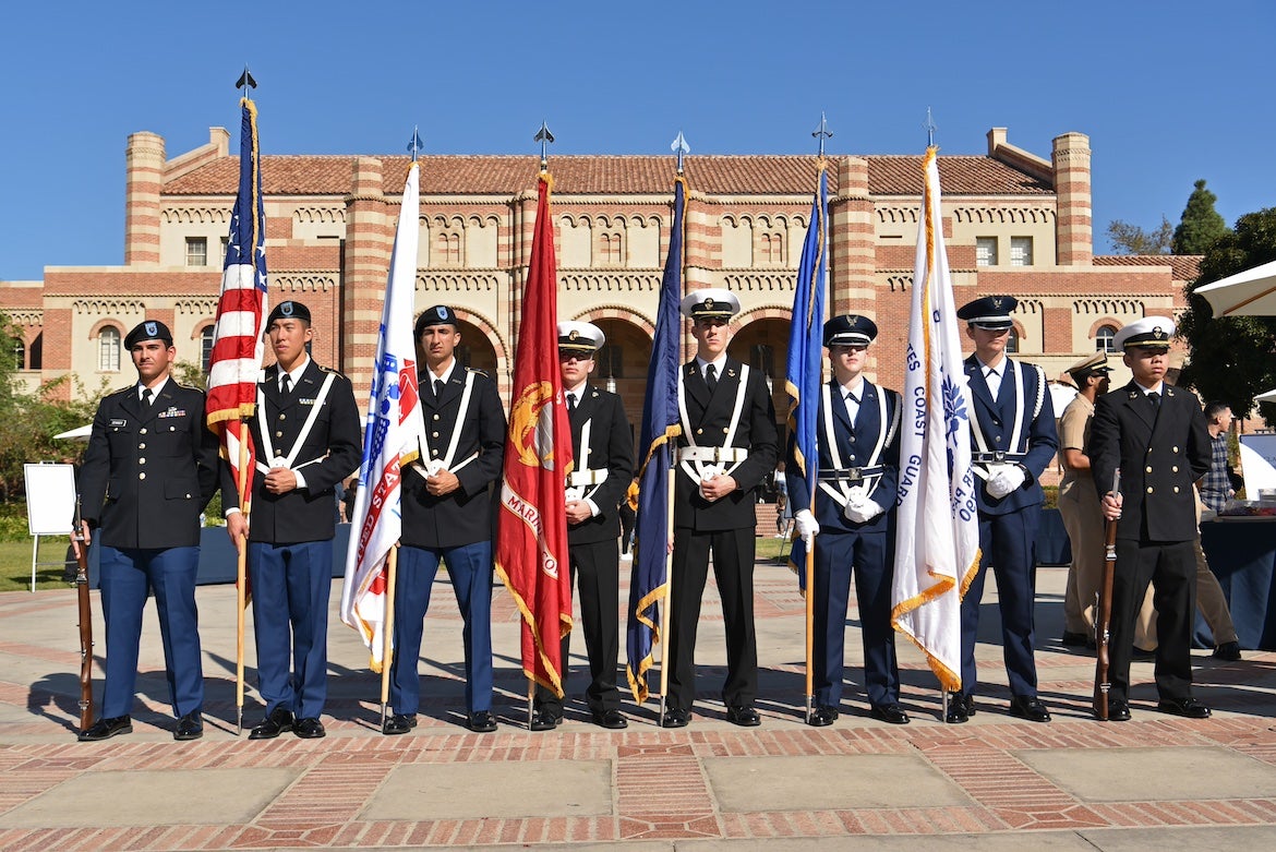 A military honor guard stands in front of Royce Hall during UCLA’s 2019 Veterans Day ceremony. 