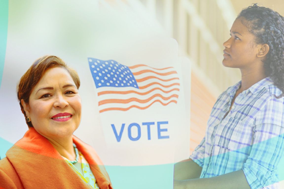 Collage of Latino women surrounded by emblems that advocate for voting