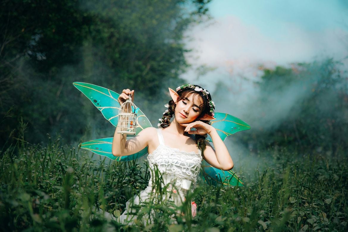 Fairy with green wings in a green meadow