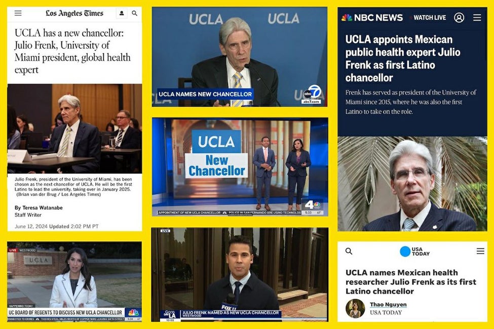 Collage of various news headlines praising the UCLA chancellor-designate Julio Frenk