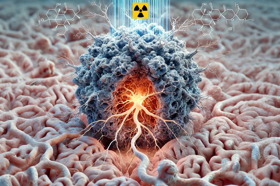 Illustration of radiation affecting glioblastoma cells