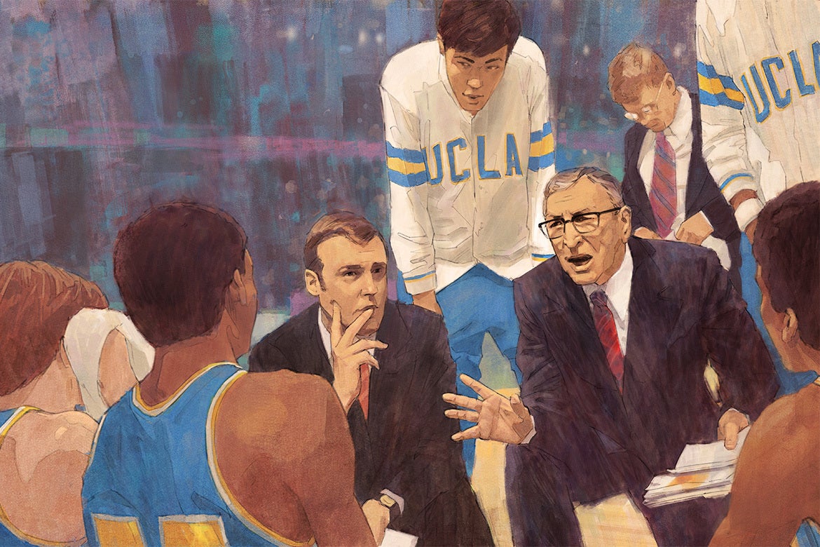 Illustration of Coach John Wooden talking to UCLA basketball players.