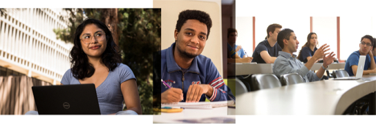 Three separate photos show graduate students on campus and in the classroom.