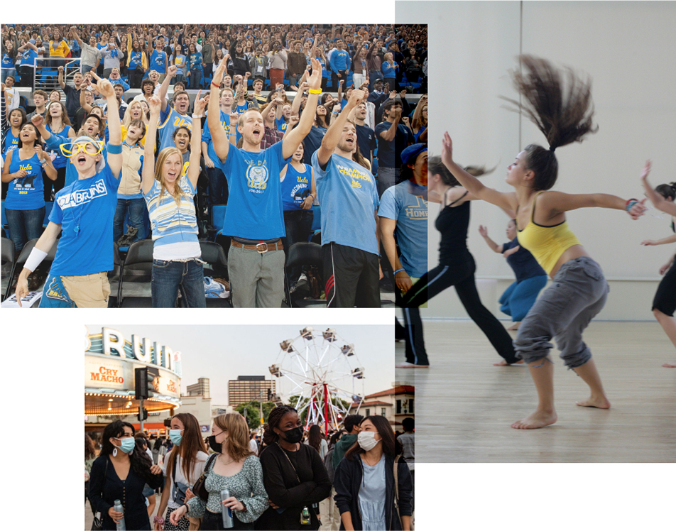 Collage of Crowd cheering, female dancing, and a group of people enjoying their time