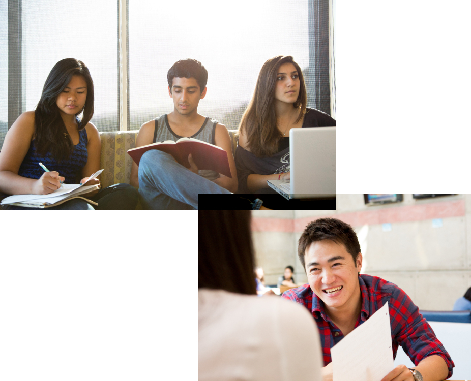 A collage of students studying and a male smiling