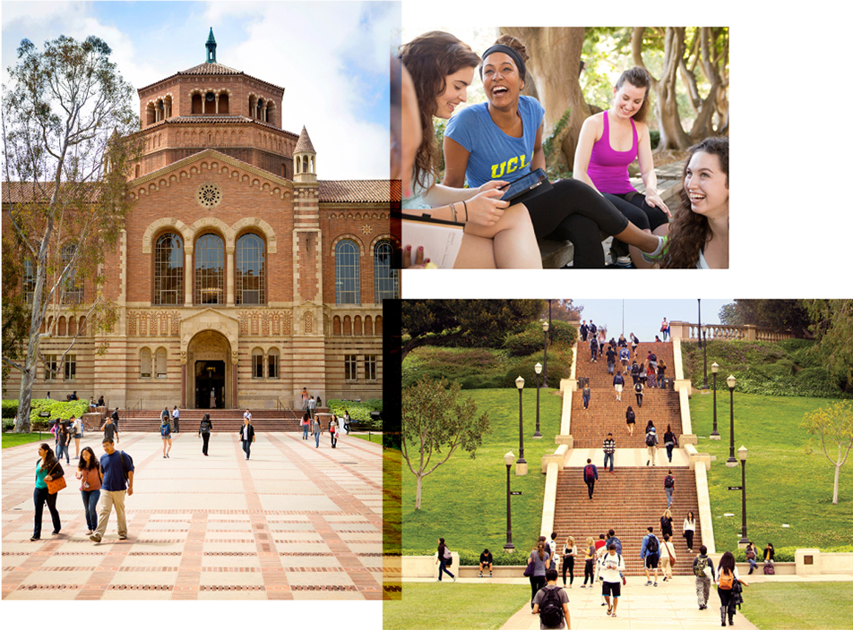 A collage of images shows Royce Hall, group of females, and front steps of campus